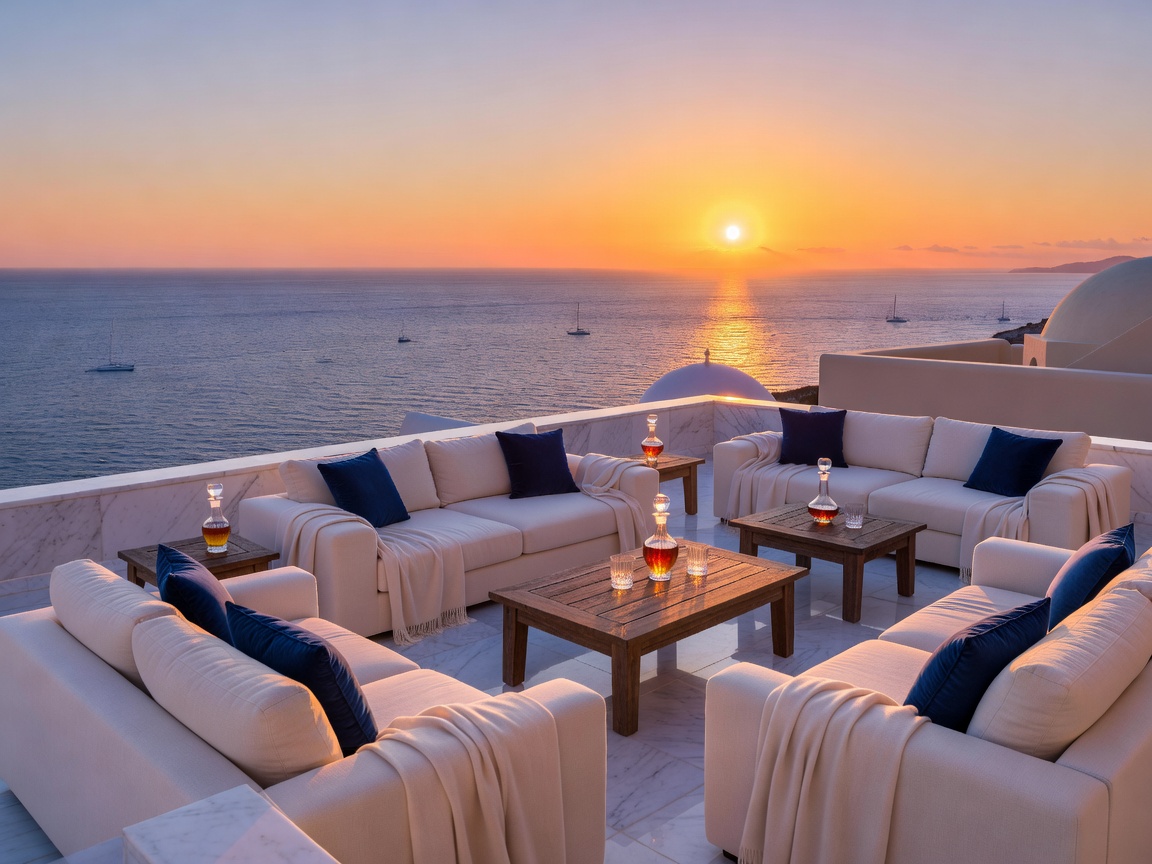 Luxury Aegean terrace overlooking sea at golden hour