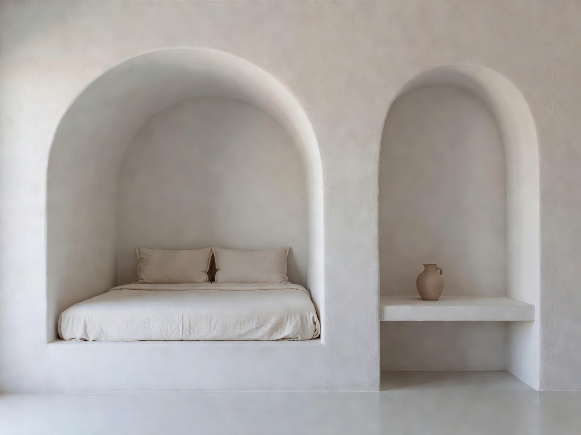 Minimalist Cycladic bedroom interior with arched alcoves