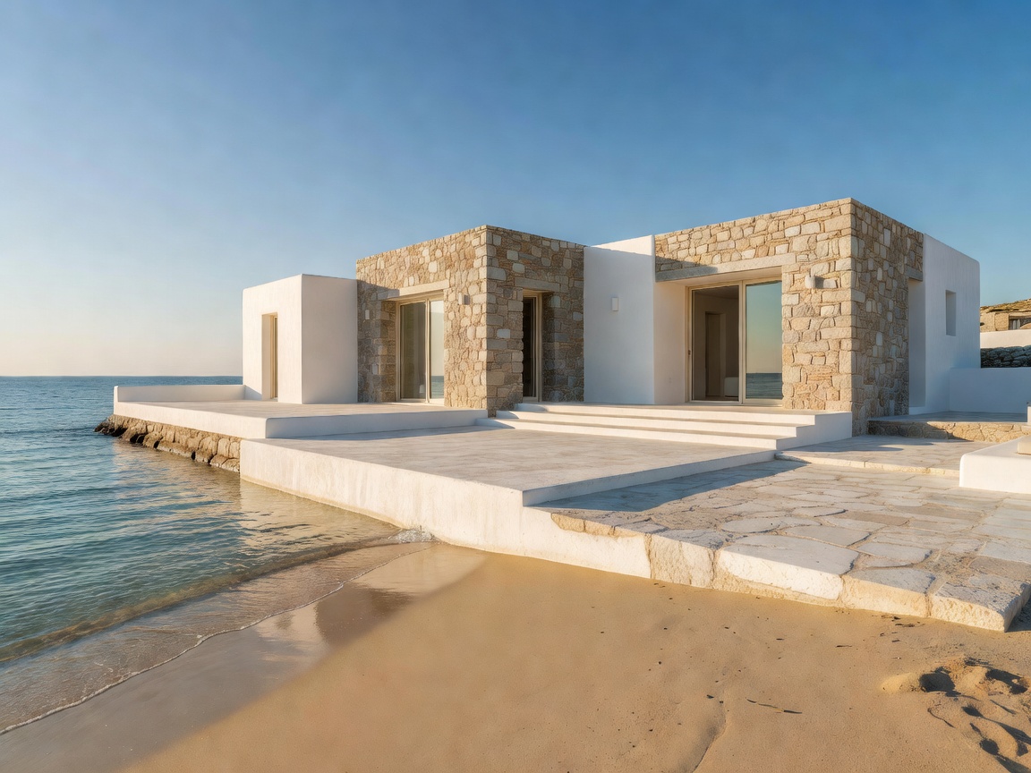 Mykonos beachfront stone villa with minimalist design