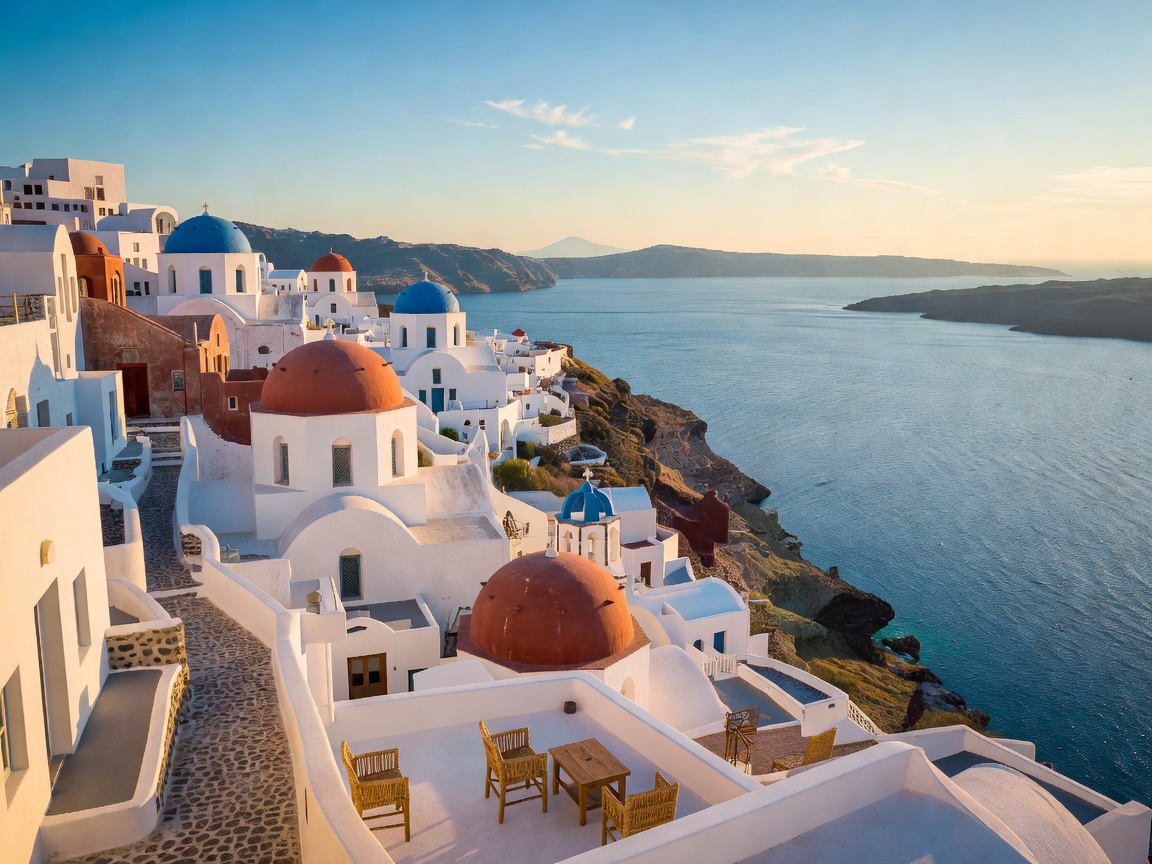 Santorini Greek Island whitewashed architecture overlooking Aegean sea